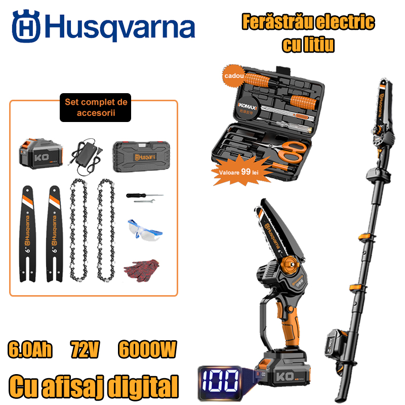 [Versiune hibrid gaz-electric 6000W] 1 baterie, 72V, 6.0A (durata bateriei 12 ore) + tija prelungitoare + accesorii + display LCD