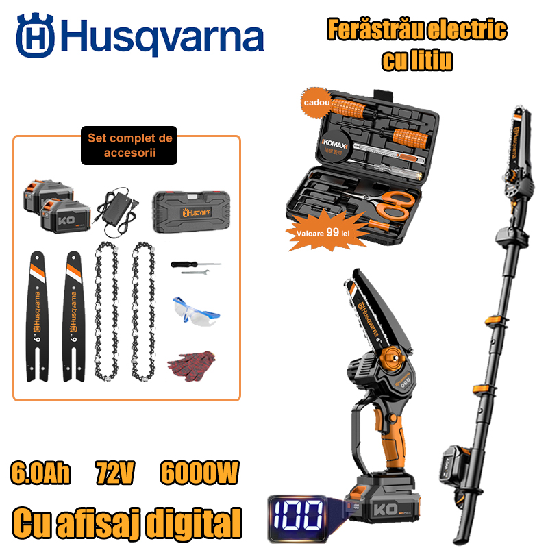 [Versiune hibrid gaz-electric 6000W] 2 baterii, 72V, 6.0A (durata bateriei 12 ore) + tija de extensie + accesorii + display LCD