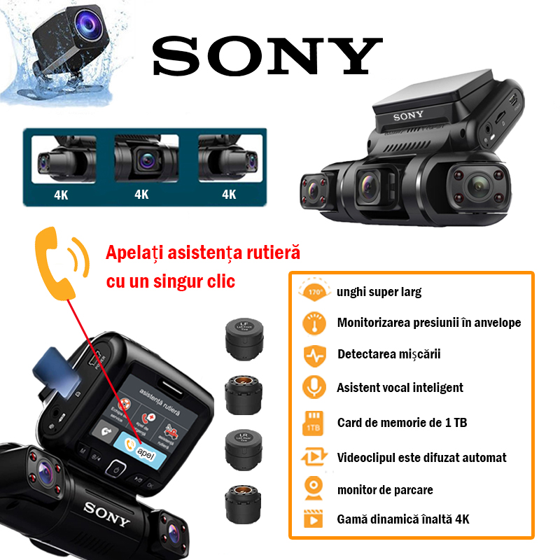 Gazdă înregistrator de condus Sony 4K + serviciu de asistență rutieră*2 (fără limită de timp, disponibil în orice moment) + întreținere auto*1 (disponibil în orice moment) + asistent vocal inteligent Sony + poziționare GPS + monitorizare presiunii în pneuri + card de memorie de 1TB + accesorii