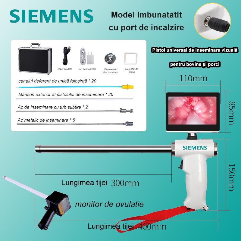 [Versiune îmbunătățită cu port de încălzire (universal pentru bovine și porci)] Pistol de inseminare vizual Siemens + ace de inseminare cu tub subțire * 2 + ace de inseminare metalice * 5 + manșon exterior pentru pistol de inseminare * 20 + conducte deferente de unică folosință * 20 + ovulator + Alte accesorii