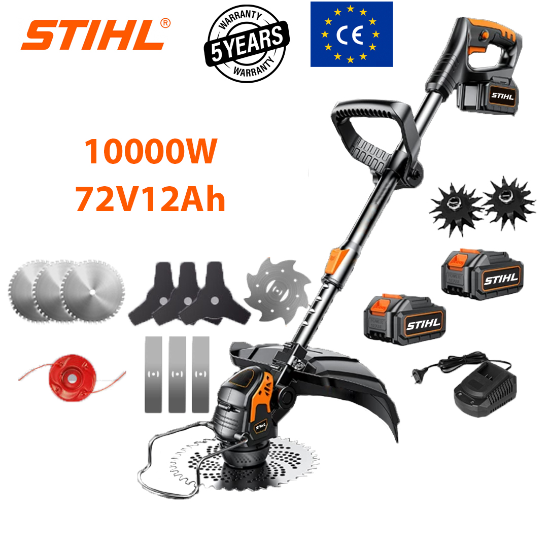 Model de bază: putere 10000W (baterie litiu cadou 72V10Ah*2 + lamă din aliaj*3 + lamă triunghiulară*3 + lamă dreaptă*3 + frânghie de tăiere din aliaj*1 + lamă anti-înfășurare*1 + cap plug*2 + încărcător rapid*1)